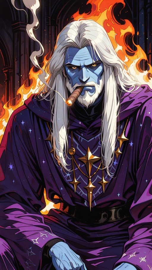A blue-skinned wizard with long white hair and a beard sits smoking a cigar, wearing a purple robe with star designs and surrounded by fire.