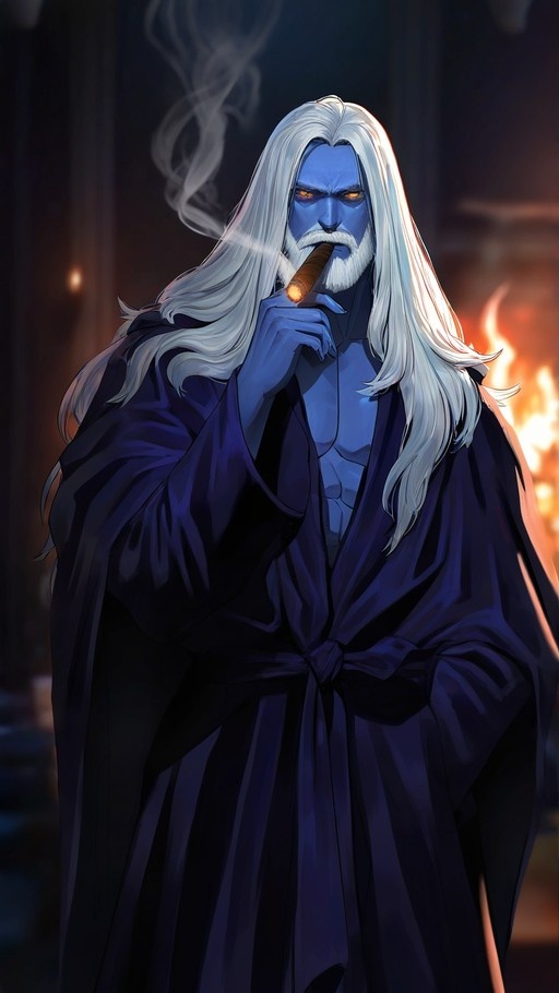 A portrait of a muscular blue-skinned man with long white hair and a beard wearing an open dark robe and holding a lit cigar to his lips.