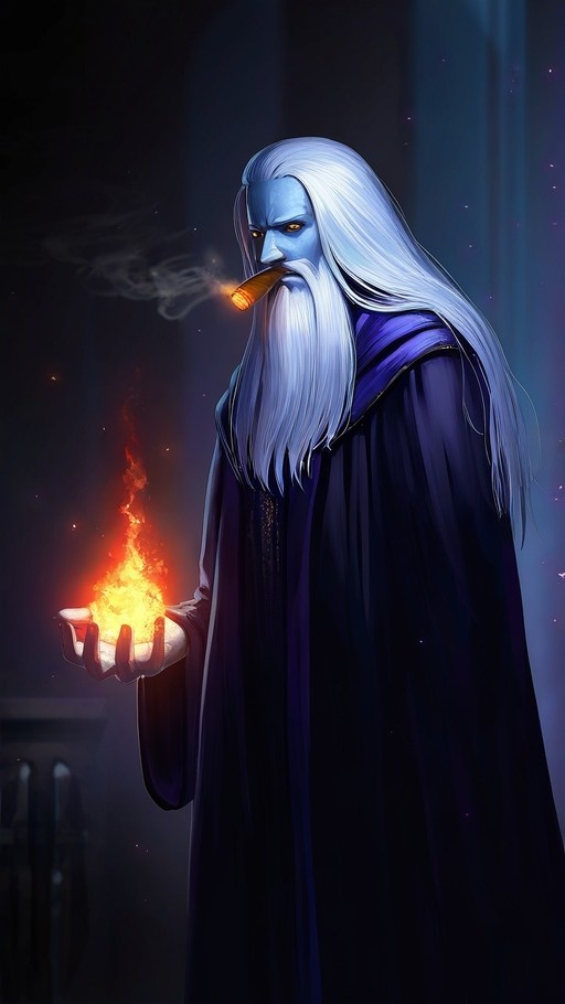 A blue-skinned wizard with long white hair and a beard smokes a cigar while holding a ball of fire in his hand.