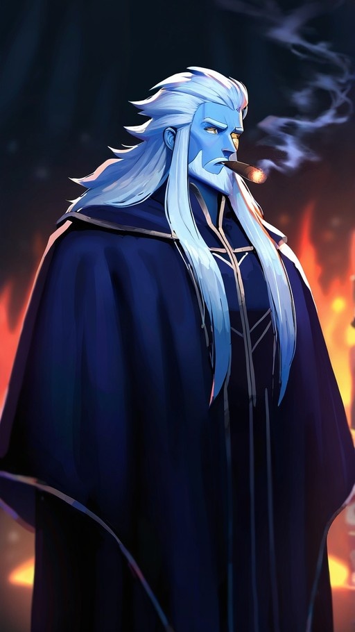 A blue-skinned man with long white hair and a beard smokes a cigar while wearing a dark cloak against a fiery background.
