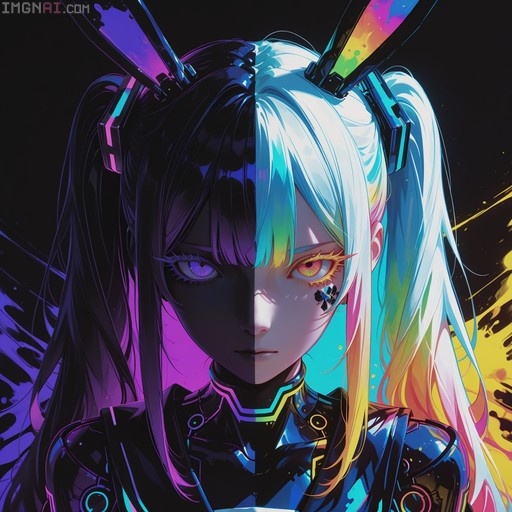 Close-up digital illustration of an unbothered rabbit girl featuring a split-theme design with dark purple and rainbow twintails, heterochromatic eyes, and futuristic neon armor.