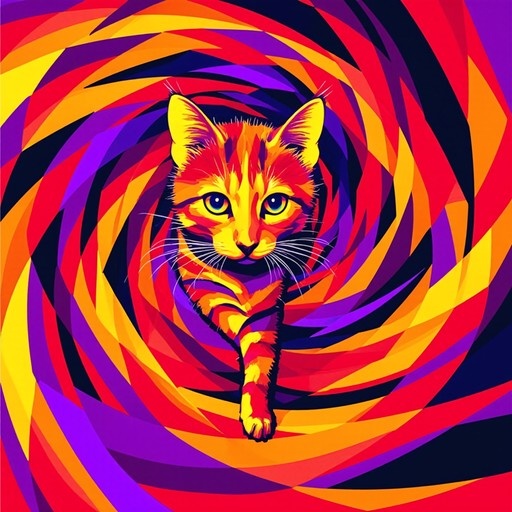 A stylized illustration of an orange tabby cat walking towards the viewer against a vibrant, swirling geometric background of red, yellow, and purple.