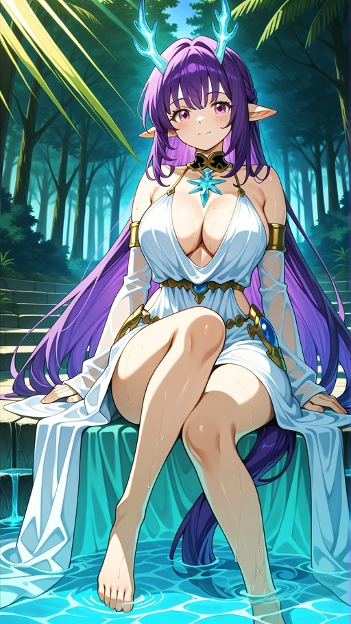 A purple-haired fantasy goddess with blue antler horns and pointed ears sits on stone steps in a forest pool. She wears a wet white dress and smiles while soaking her bare feet in the water.