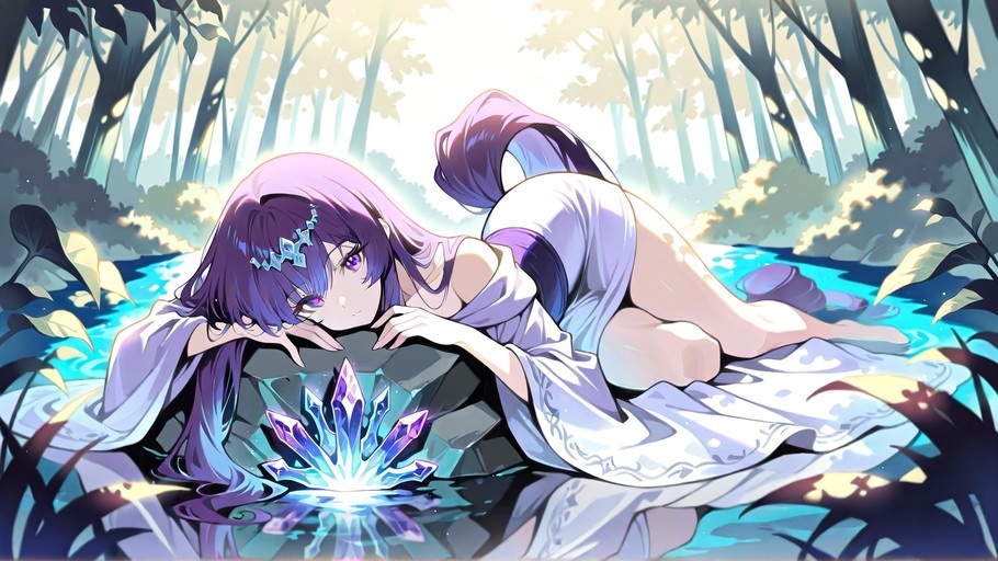 An anime girl with long purple hair lies in shallow forest water wearing a white kimono, looking at glowing blue crystals.
