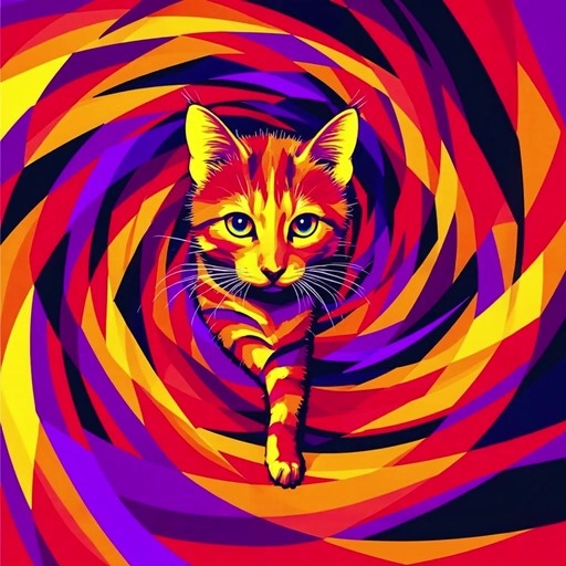 A stylized animation showing a colorful cat in a swirling vortex, followed by scenes of scientists reacting to a mysterious feline landing in their lab and running through a library.