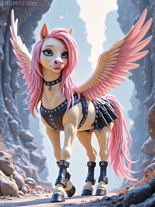 A CGI pegasus with pink hair and wings wearing black studded leather lingerie in a rocky landscape.
