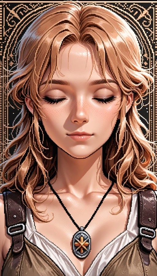 A pixel art portrait of a young woman with long wavy hair and closed eyes, wearing a white top and leather straps, featuring an ornate pendant necklace against a patterned background.
