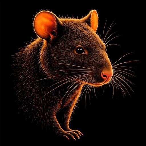 A realistic digital illustration of a brown mouse with long whiskers and textured fur, illuminated by warm light against a black background.