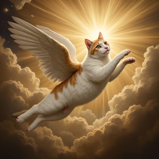A realistic ginger and white cat with large white feathered wings flies upward through golden clouds towards a bright heavenly light.