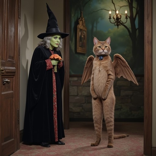 A green-skinned woman in a black witch hat stands next to an anthropomorphic orange tabby cat with small brown wings inside a doorway.