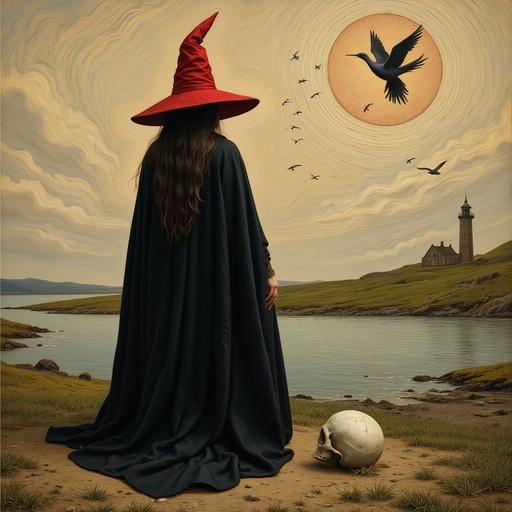 A witch wearing a red pointed hat and black cloak stands beside a white skull, gazing toward a distant lighthouse under a sky with flying birds.