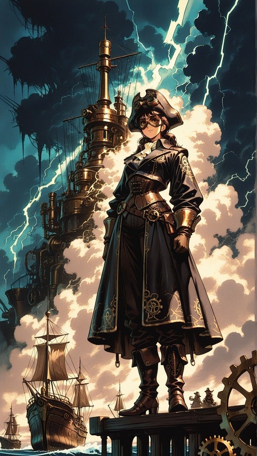 A full-body illustration of a female steampunk pirate captain wearing a tricorne hat and goggles, standing before a large mechanical airship under a stormy sky with lightning.