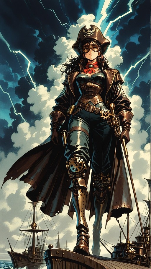 A female steampunk pirate with mechanical gear-legs stands on a ship deck under a stormy sky with lightning.