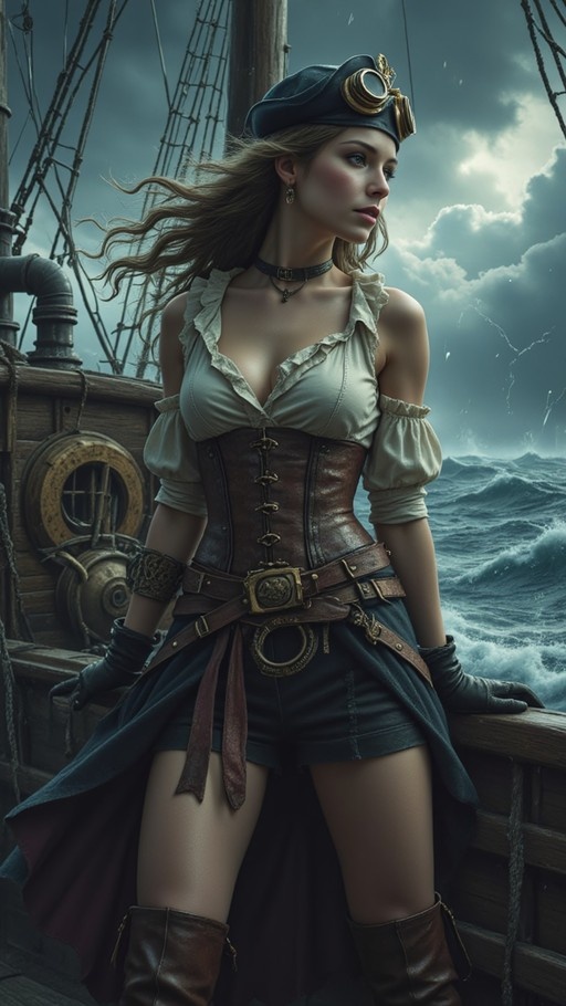 A blonde woman in a pirate costume with a leather corset and goggles on her hat stands on the deck of a wooden ship against a stormy ocean backdrop.