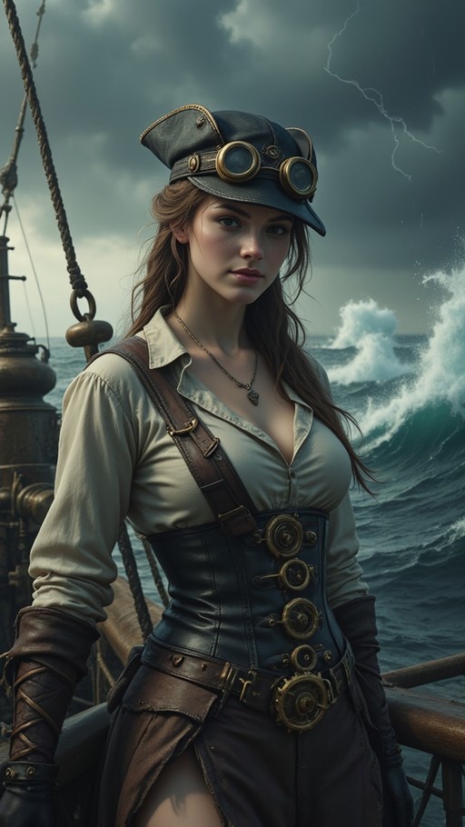 A steampunk-styled woman with long brown hair and goggles on her hat stands on a ship deck during a thunderstorm with crashing waves.