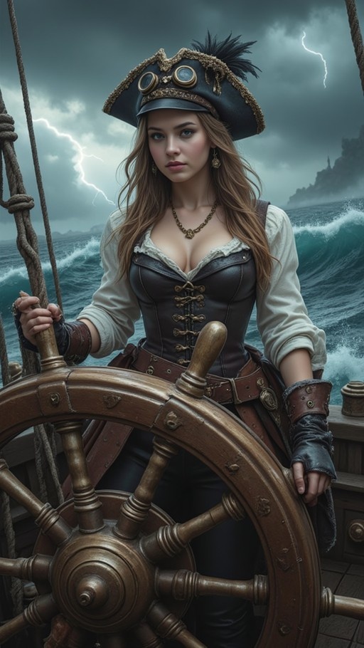 A female pirate captain with long brown hair and a feathered tricorn hat steers a wooden ship wheel amidst crashing waves and lightning.