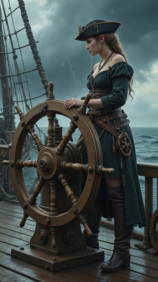 A woman in a green dress and tricorn hat steers a large wooden ship's wheel on the deck of a vessel during a rainstorm.