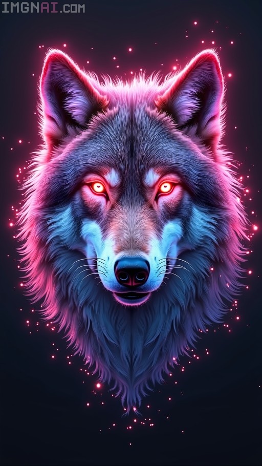 A stylized digital portrait of a wolf's face illuminated by vibrant pink and electric blue neon light streaks, featuring intense glowing red eyes and surrounded by cosmic sparks against a dark background.