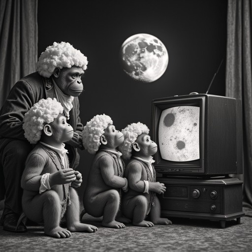 Four monkeys wearing white powdered wigs and formal coats watch a vintage television displaying the moon against a dark background with a large full moon visible behind them.