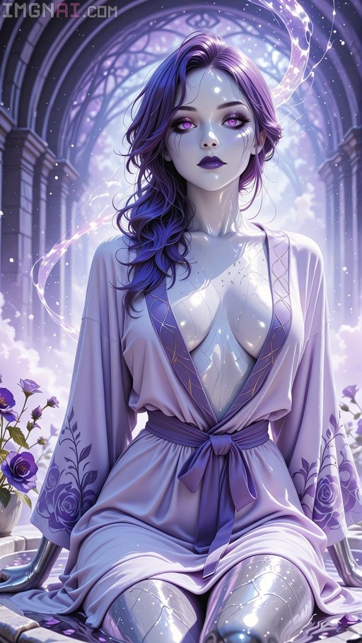 A silver-skinned cyborg woman with long violet hair and purple eyes sits in water wearing a loose floral robe.