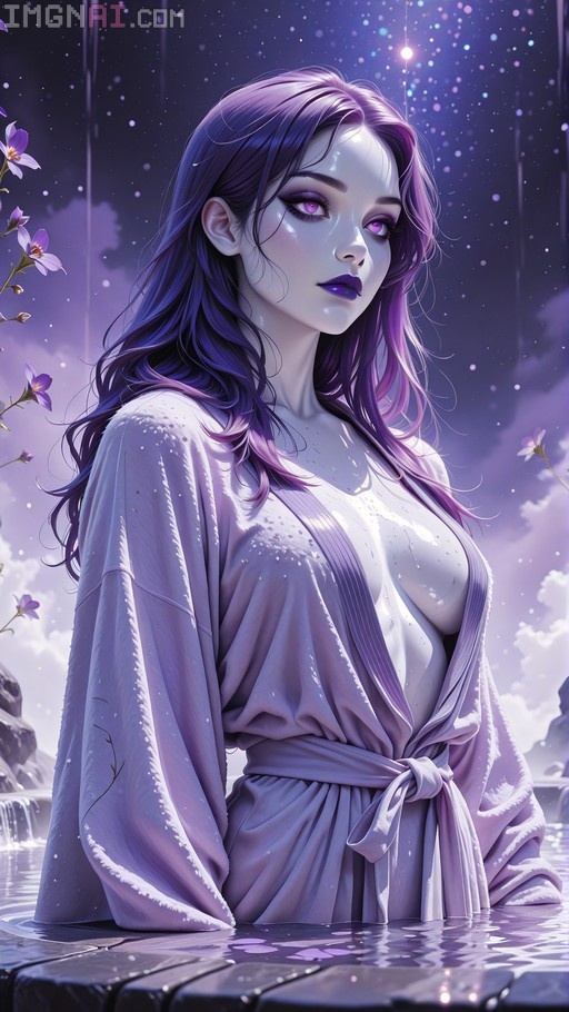 A silver-skinned woman with long purple hair stands in water wearing a wet white bathrobe, surrounded by purple flowers under a starry night sky.
