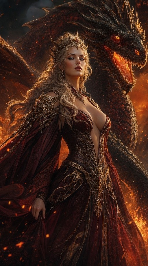 Digital illustration of a blonde fantasy queen in an ornate red gown standing before a massive dark dragon amidst floating embers.