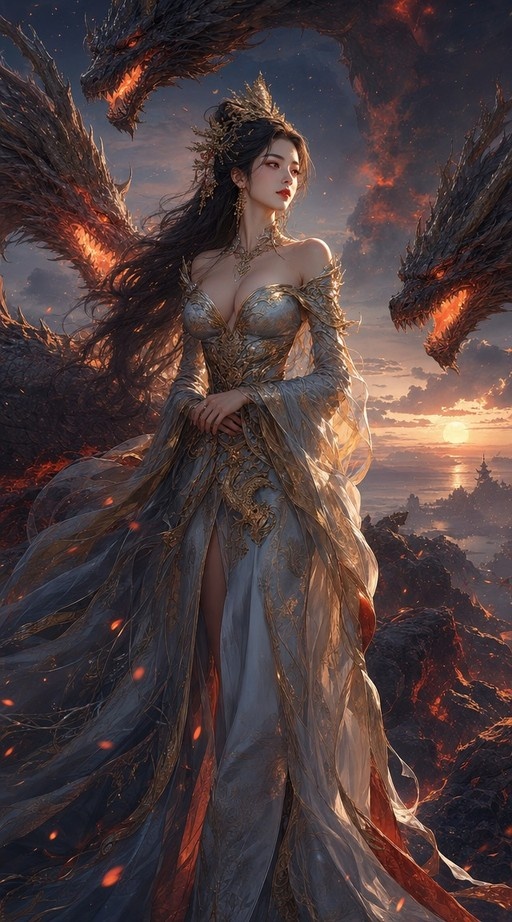A fantasy illustration of a beautiful woman with long black hair and red eyes wearing an ornate silver gown and gold jewelry. She stands before a dramatic sunset sky where massive dragons fly amidst clouds and embers.