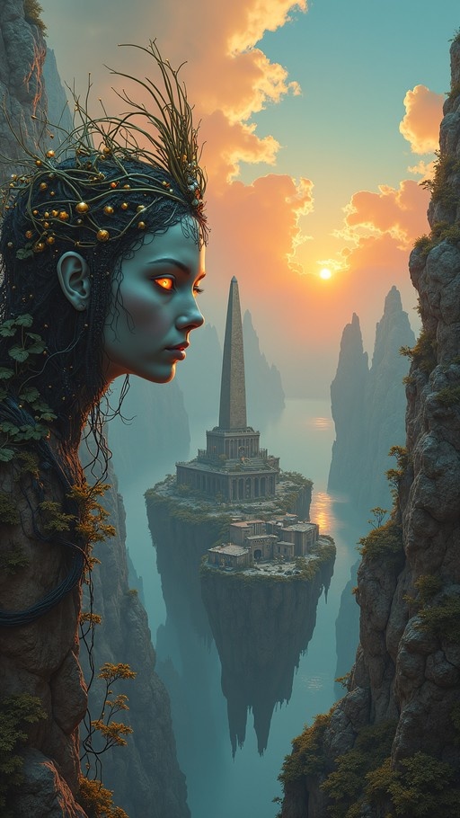 A profile view of a blue-skinned woman with glowing orange eyes and a vine-adorned headpiece looking out over a canyon with floating islands and an ancient obelisk at sunset.