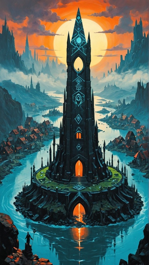 A tall dark tower with glowing blue symbols stands on an island in a river against an orange sunset sky.