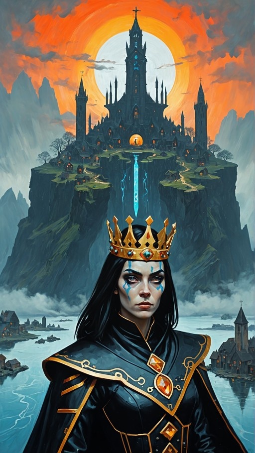 A portrait of a woman with long black hair and blue face paint wearing a gold crown and black cape, standing in front of a large floating castle with a waterfall.