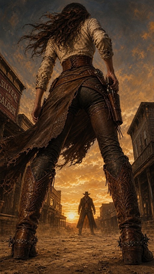 Low angle view of a cowgirl from behind wearing tall boots and holding a gun, facing a cowboy in an old west town at sunset.