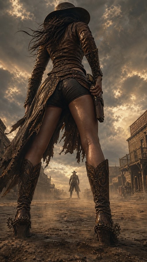 Low-angle view from behind of a female gunslinger in a cowboy hat and leather gear holding a revolver, standing on a dusty street facing an opponent.
