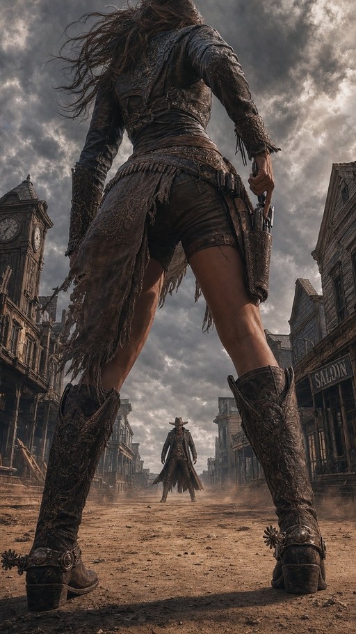 Low-angle view of a cowgirl in fringed leather and cowboy boots holding a revolver, facing a gunman down a dusty Western street.