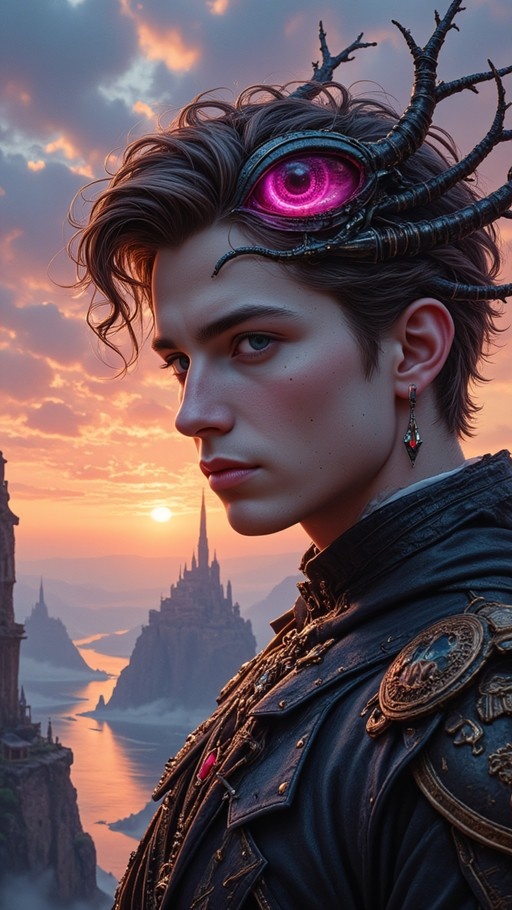 A young man with a glowing pink mechanical third eye and dark hair stands in profile against a sunset backdrop featuring a castle on a coastal cliff.