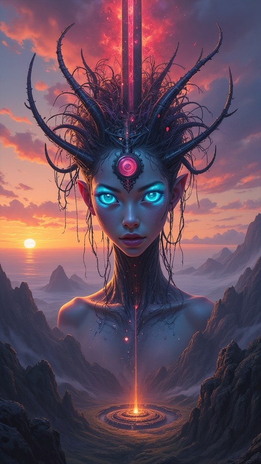 A blue-skinned woman with pointed ears and large dark horns stands against a sunset over the ocean, featuring a glowing third eye on her forehead and bright blue eyes.