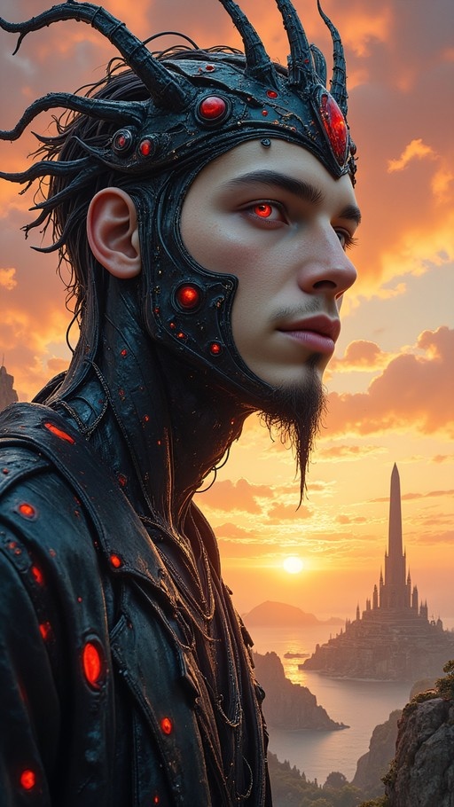 Profile portrait of a pale young man with glowing red eyes and a goatee, wearing an intricate dark helmet with red gem accents, overlooking a coastal fortress during a golden sunset.