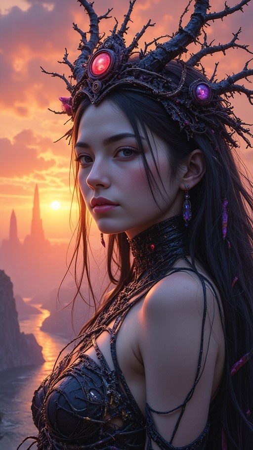 A realistic digital illustration of a young woman with long black hair wearing an elaborate crown made of twisted branches and glowing red and purple gems, set against a dramatic orange sunset over distant rock formations.