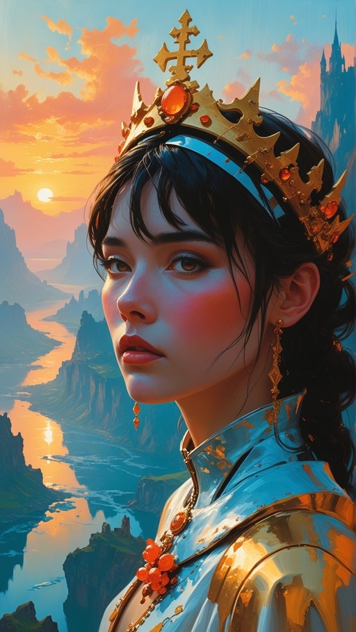 A young woman with dark hair wearing a golden crown and shoulder armor looks out over a mountain valley at sunset.