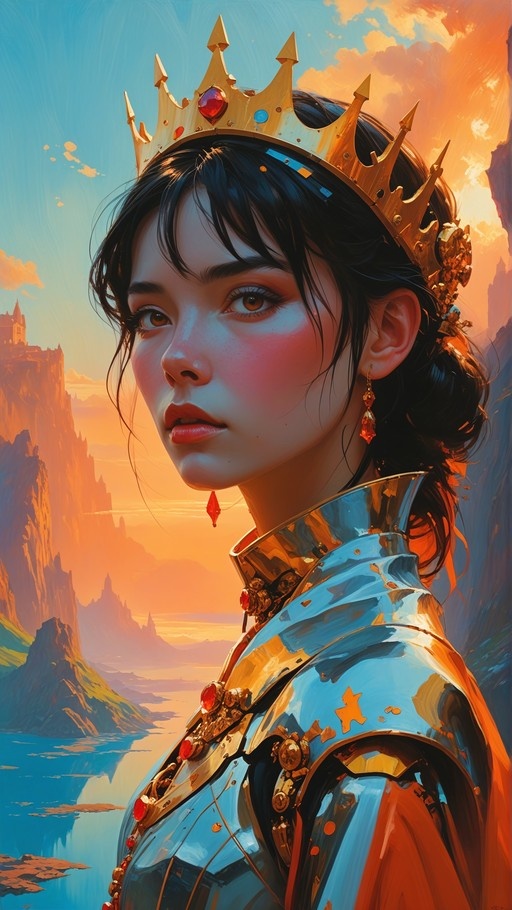 A digital painting of a young woman with dark hair wearing a golden crown and shiny silver armor, looking out over a mountain lake at sunset with a castle on a cliff nearby.