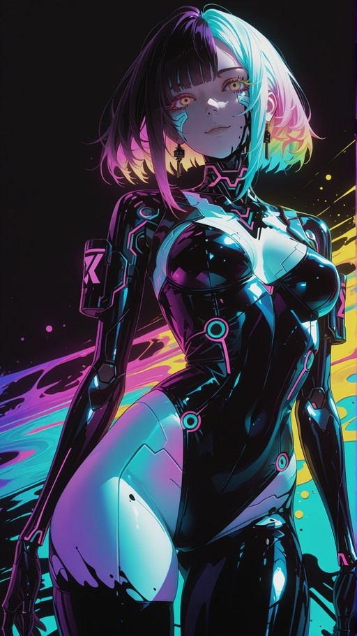 Lucy from Cyberpunk Edgerunners with split-colored hair and cybernetic implants wearing a shiny black bodysuit.
