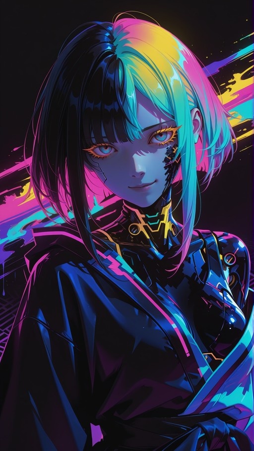 Portrait of Lucy from Cyberpunk: Edgerunners featuring short multicolored hair, cybernetic facial implants, and a neon-lit black jacket.