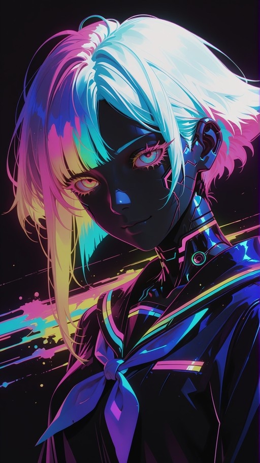 A portrait of Lucy from Cyberpunk: Edgerunners featuring short multi-colored hair, heterochromia, and visible neck implants while wearing a dark sailor-style outfit.