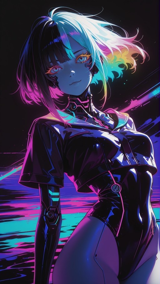 Portrait of Lucy from Cyberpunk: Edgerunners with rainbow hair and mechanical arms in neon light.
