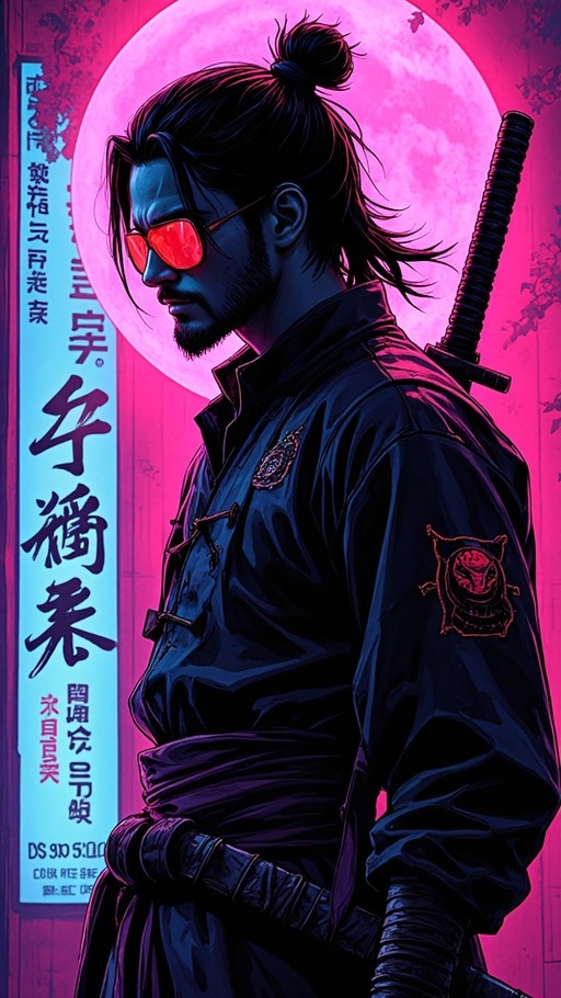 A side profile of a bearded male samurai wearing red-tinted glasses and holding a katana against a large pink moon.