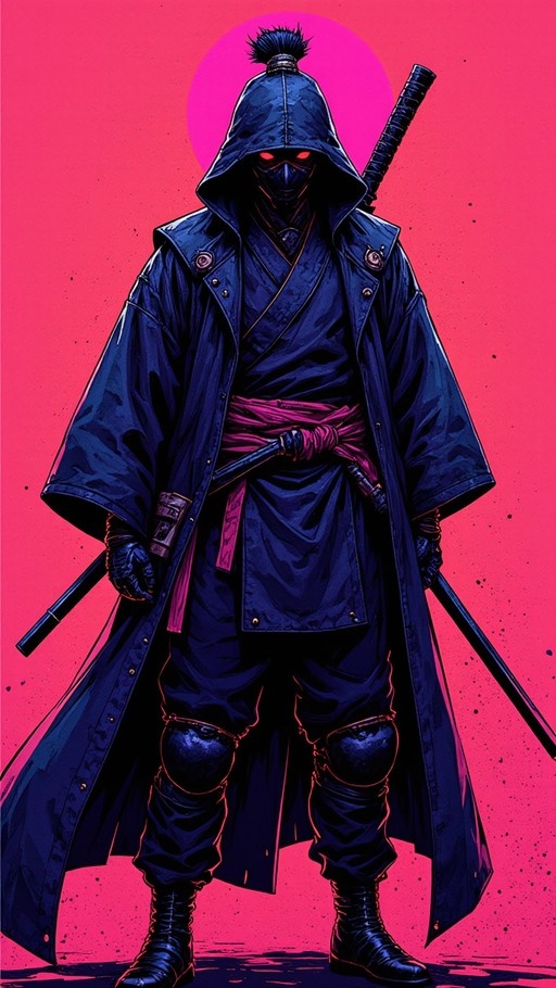 A masked ninja warrior in a dark hooded coat stands against a pink background, holding two sheathed katanas with glowing red eyes visible through his mask.