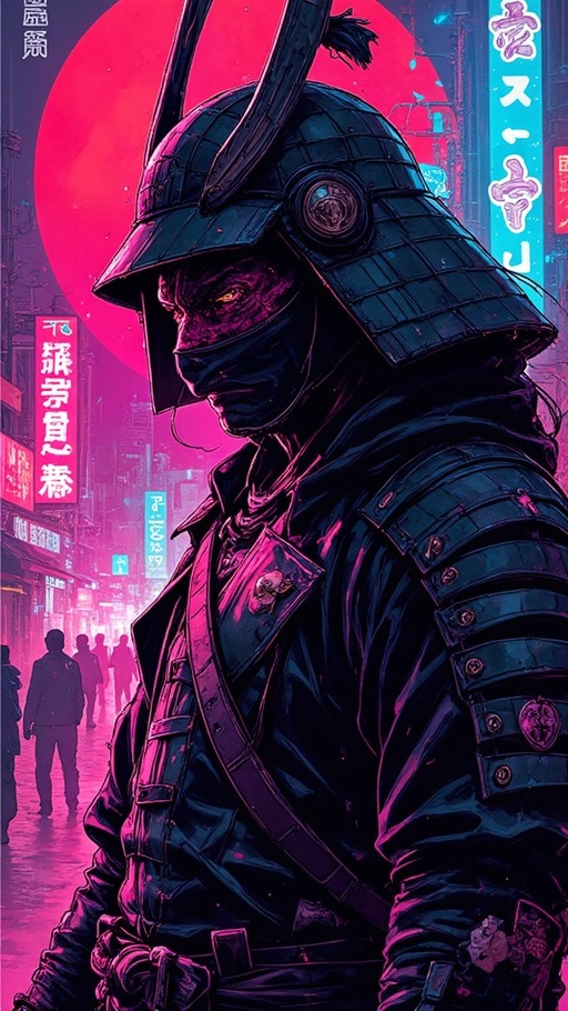 A masked samurai in dark armor and a horned kabuto helmet stands in a neon-lit street under a large red moon.