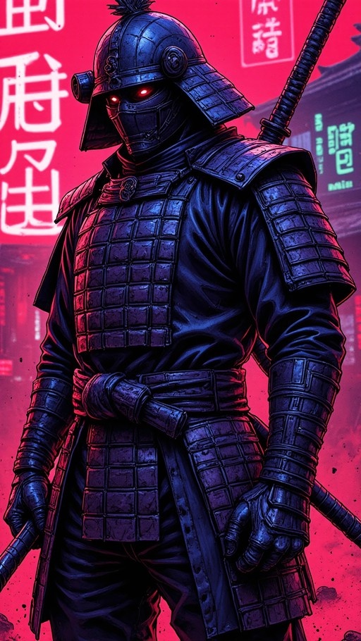A futuristic samurai warrior wearing dark armor and a kabuto helmet with glowing red eyes, holding a katana against a neon red background.
