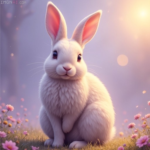 A close-up of a fluffy white rabbit with large ears sitting in grass surrounded by small pink flowers under soft sunlight.