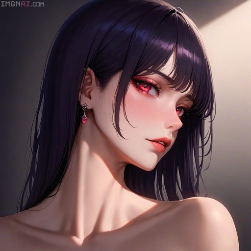 A digital portrait of a young woman with long black hair and red eyes wearing a pink dangling earring.