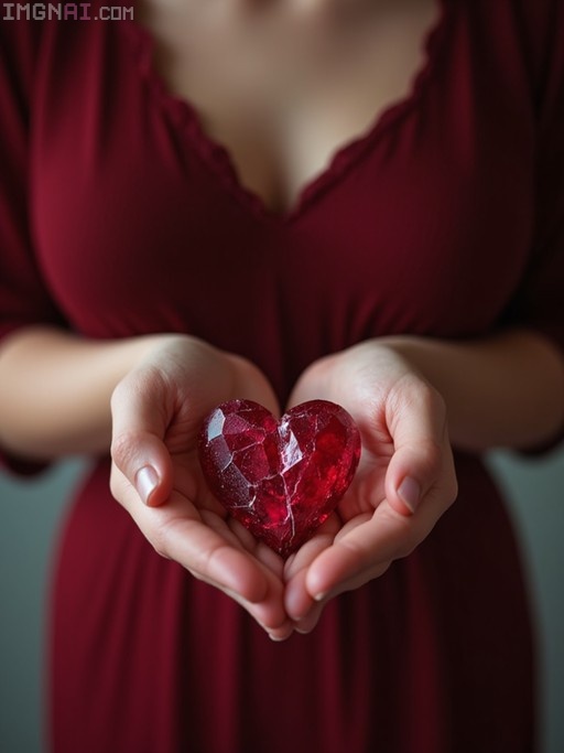Close-up of a woman in a red dress holding a large, faceted, cracked red heart-shaped gemstone in her cupped hands.
